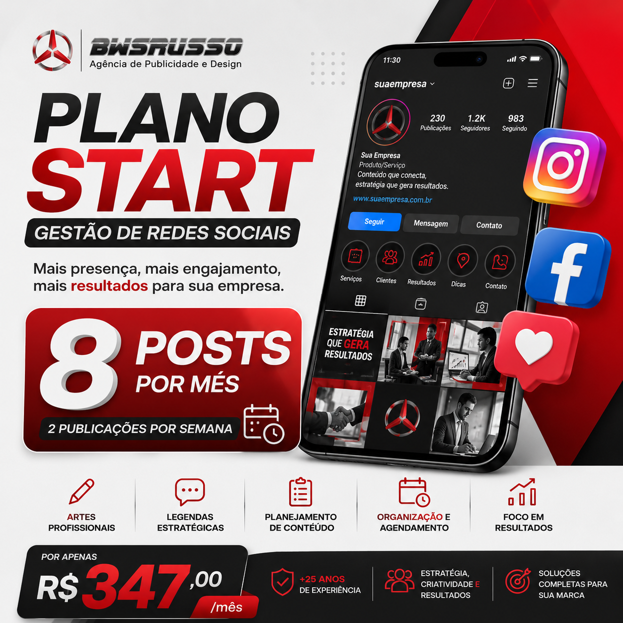 Plano Start BWS RUSSO – Gestão de Redes Sociais com 8 Posts por Mês